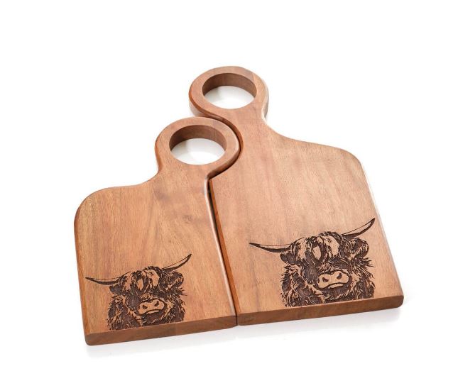 MR AND MRS ACACIA WOOD CHOPPING BOARD PAIR WITH ENGRAVED HIGHLAND COW DETAIL