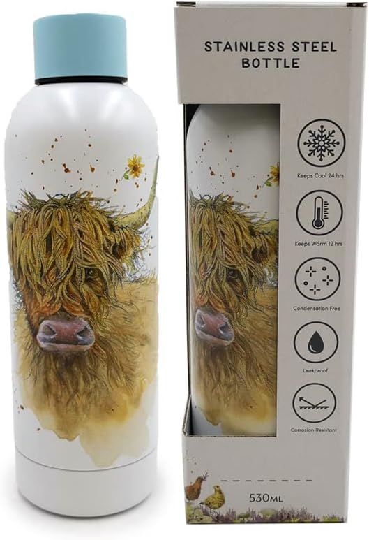 Jan Pashley Reusable Insulated Steel Water Bottle 530 ml - Highland Coo