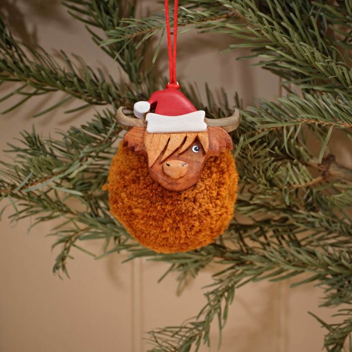 HIGHLAND COW POM POM WITH SANTA HAT CHRISTMAS BAUBLE