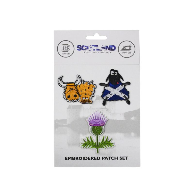 Scottish Saltire Sheep Highland Cow Thistle Embroidered Cloth Patch Set