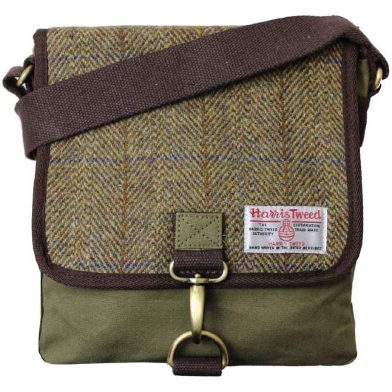 Devoted II Harris Tweed Khaki Green Herringbone Overcheck Small Messenger Bag
