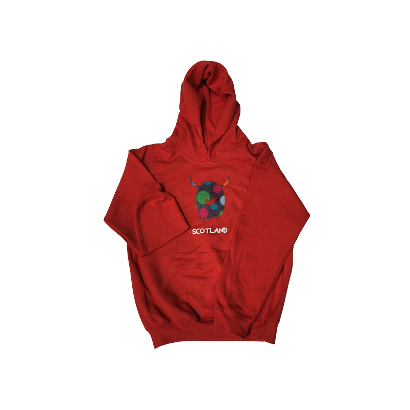 Scottish Childrens Highland Cow Hoodie, Red (Size Small - Age 5-6)