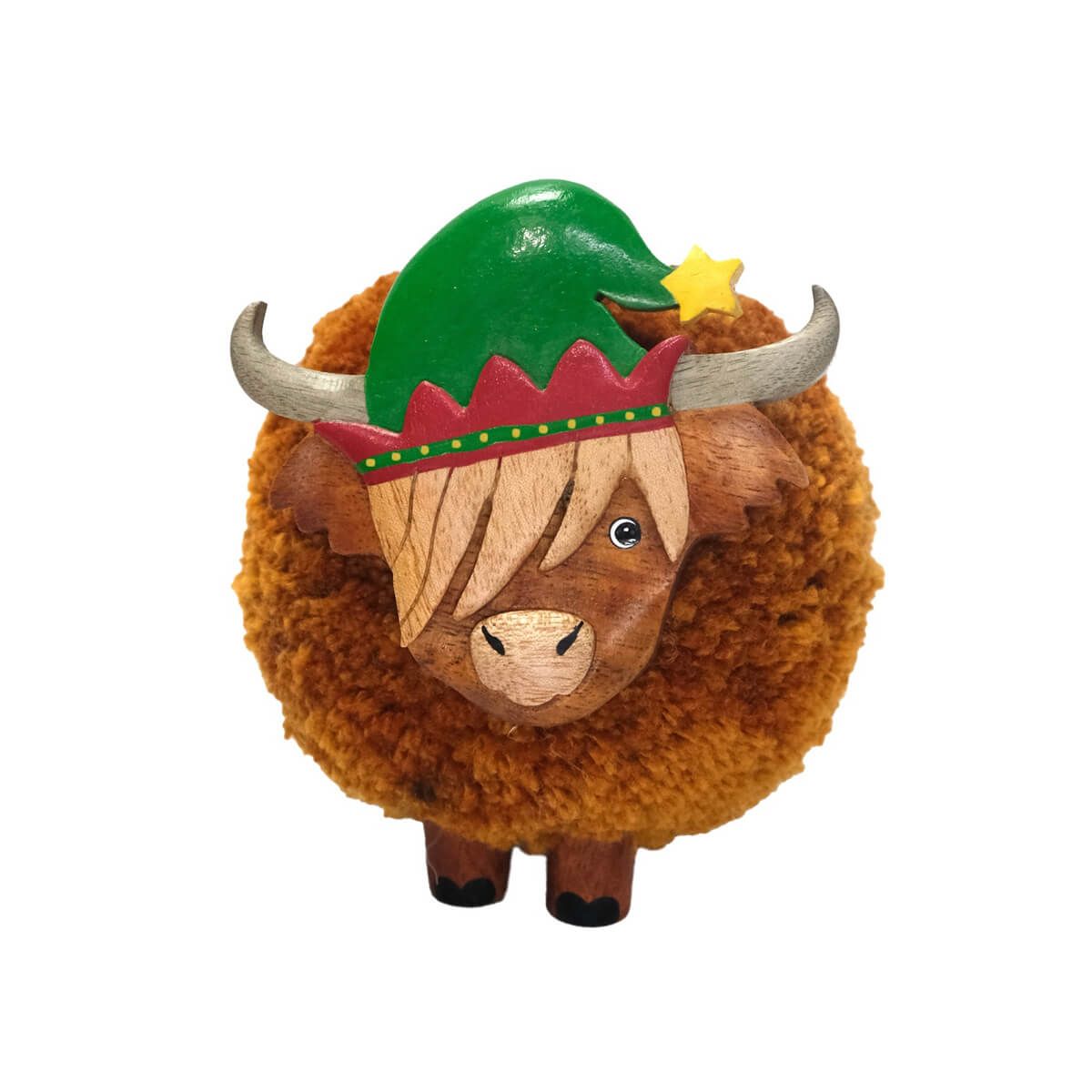 LARGE POM POM CHRISTMAS HIGHLAND COW WITH ELF HAT ORNAMENT