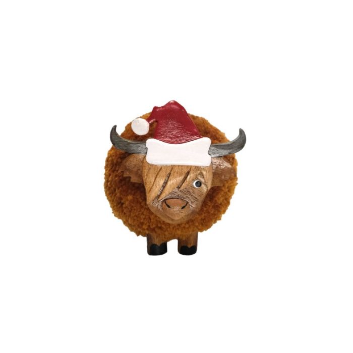 SMALL CHRISTMAS HIGHLAND COW POM POM ORNAMENT WITH SANTA HAT