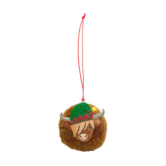 CHRISTMAS BAUBLE - HIGHLAND COW POM POM WITH ELF HAT
