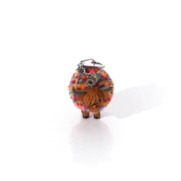 HIGHLAND COO RAINBOW POM POM WOODEN KEYRING