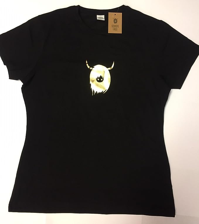Ladies Black T Shirt Printed Metallic Coo Design - S