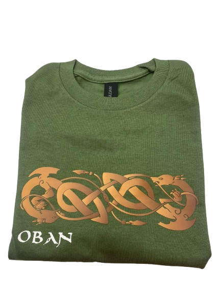 Scottish Adult T-Shirt - Oban Celtic Dragons Design, Green - Size Small