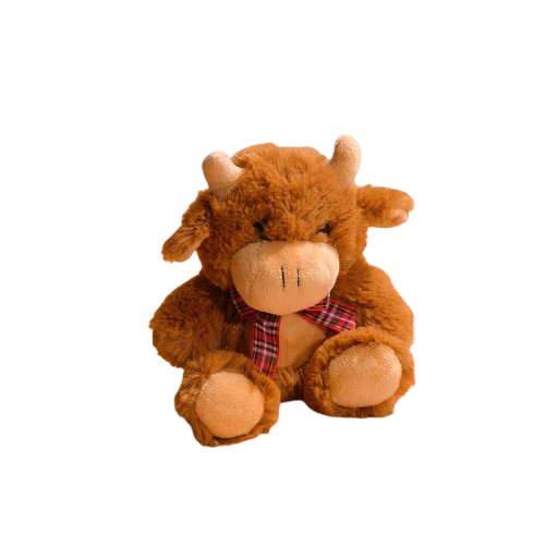 SMALL PLUSH HIGHLAND COW WITH TARTAN BOW AND MOOING SOUND