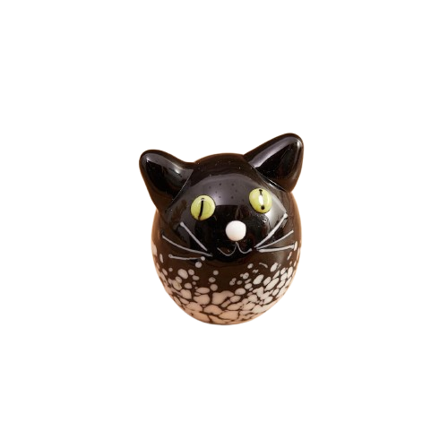 GLASS FAT CAT ORNAMENT MOTTLED BLACK HAND BLOWN