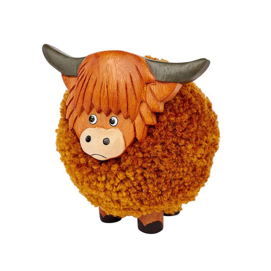 Large WoodenHighland Cow pom Pom Ornament