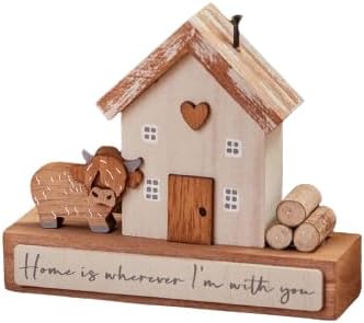 DOUGAL HIGHLAND COW "HOME IS WHEREVER I'M WITH YOU" HOUSE BLOCK NATURAL WOOD