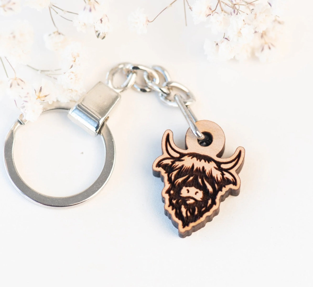 Highland Cow Cherry Wood Keyring