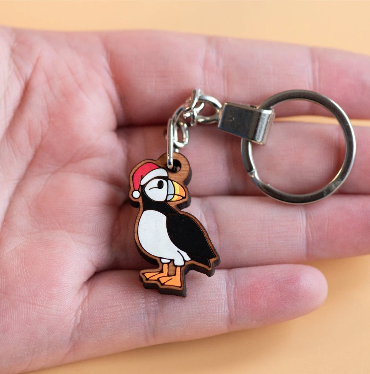 Hand-painted Puffin Bird with Santa Hat Christmas Wooden Keyring